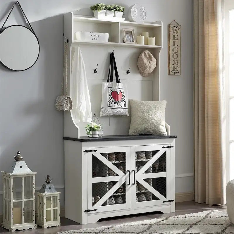 42 Banc d'entrée de ferme large avec porte-manteau, meuble de vestibule
