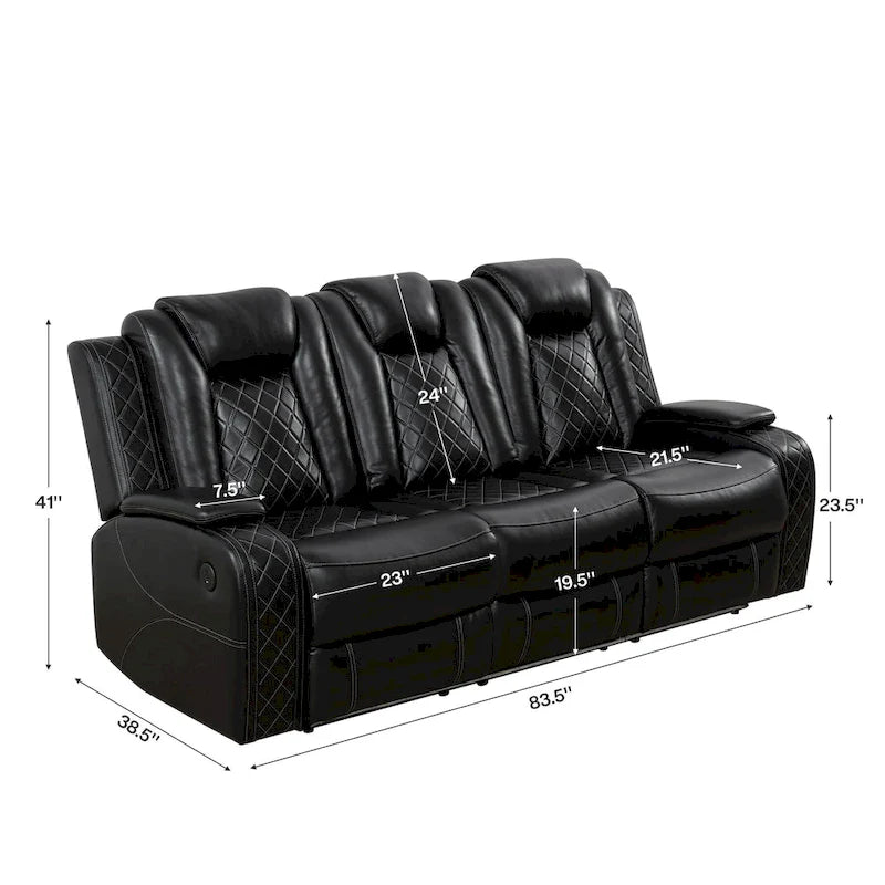 Ensemble de canapés inclinables modernes 3 pièces en cuir avec LED et chargement sans fil