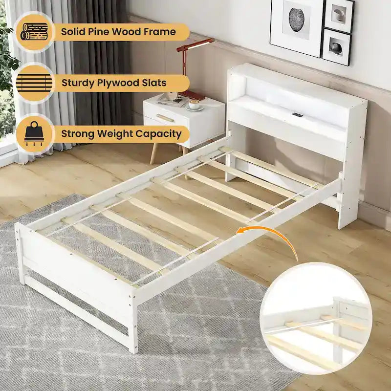 Cadre de lit double en bois avec station de recharge et lumière LED