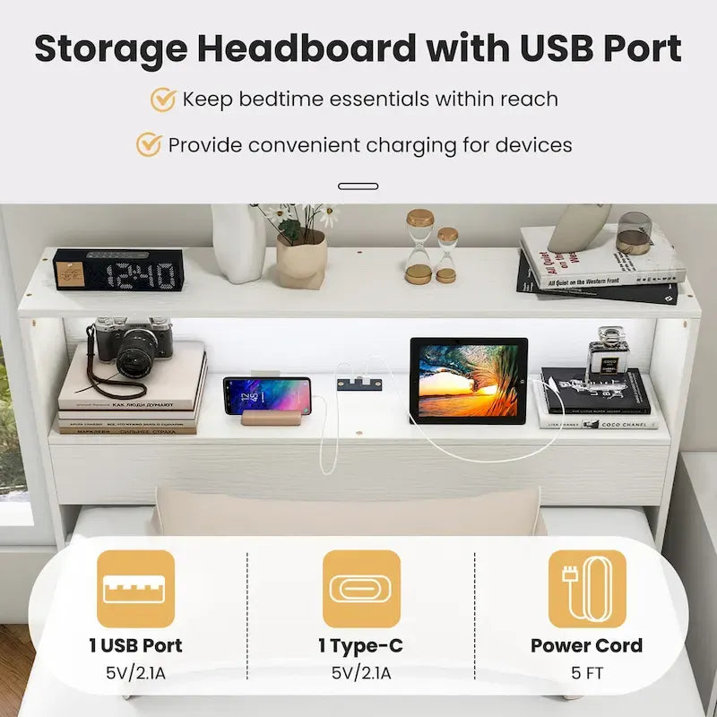 Cadre de lit double en bois avec station de recharge et lumière LED