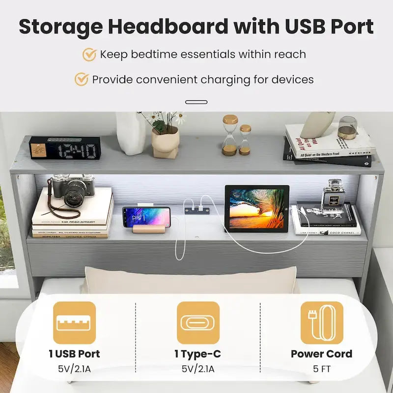 Cadre de lit double en bois avec station de recharge et lumière LED