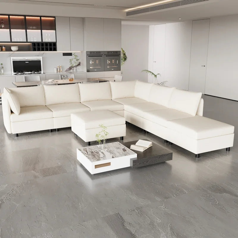 Canapé modulaire convertible 8 places beige 129 avec rangement