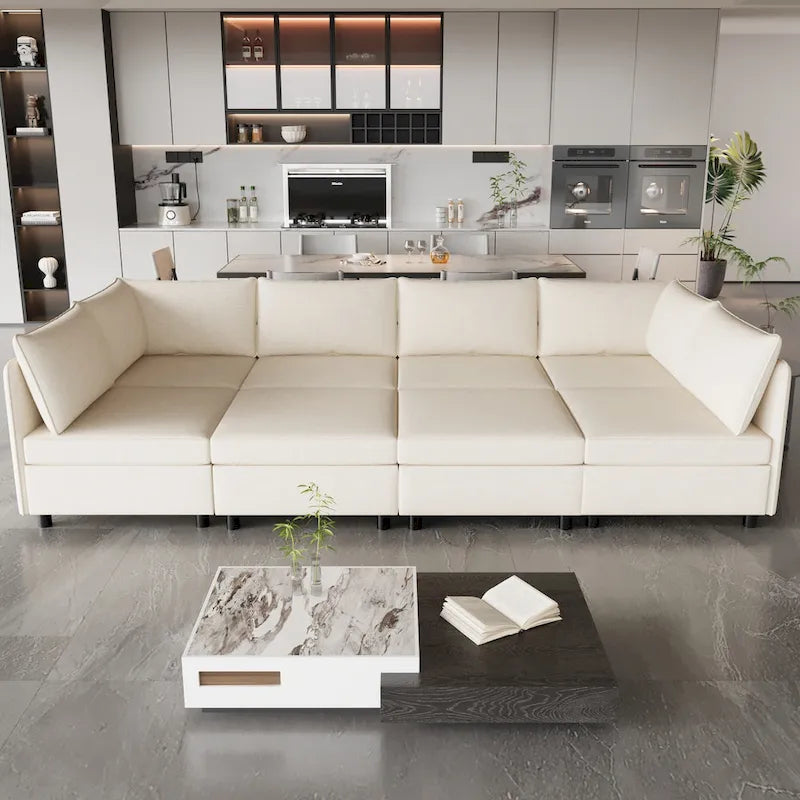 Canapé modulaire convertible 8 places beige 129 avec rangement