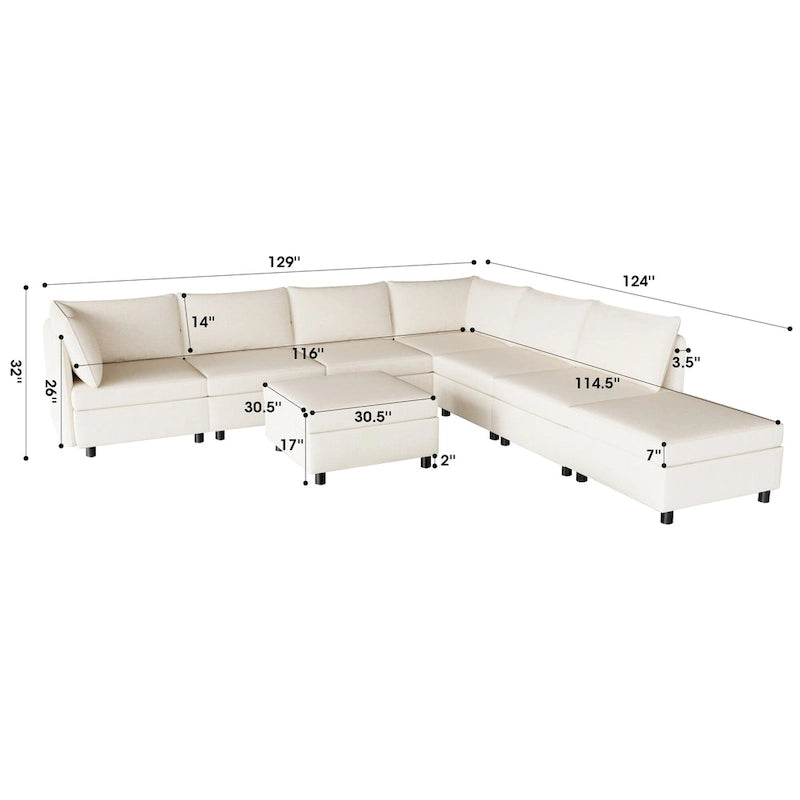Canapé modulaire convertible 8 places beige 129 avec rangement