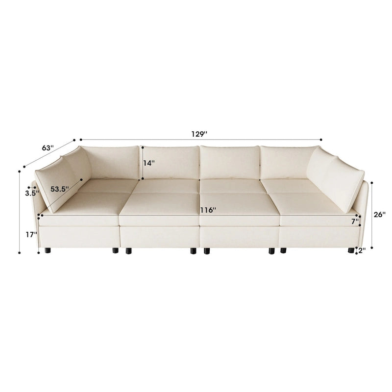 Canapé modulaire convertible 8 places beige 129 avec rangement