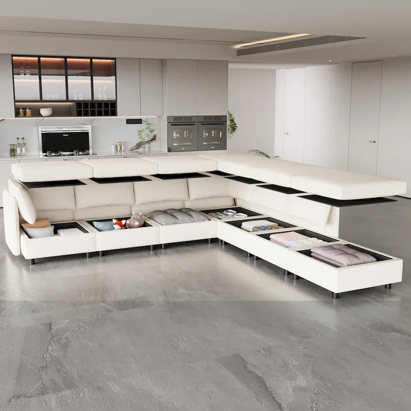 Canapé modulaire convertible 8 places beige 129 avec rangement