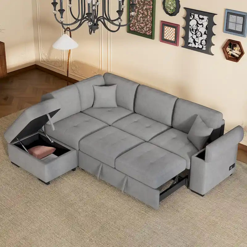Canapé d'angle 5 places en L avec lit gigogne, pouf de rangement, rangement de bras dissimulé et chargement USB