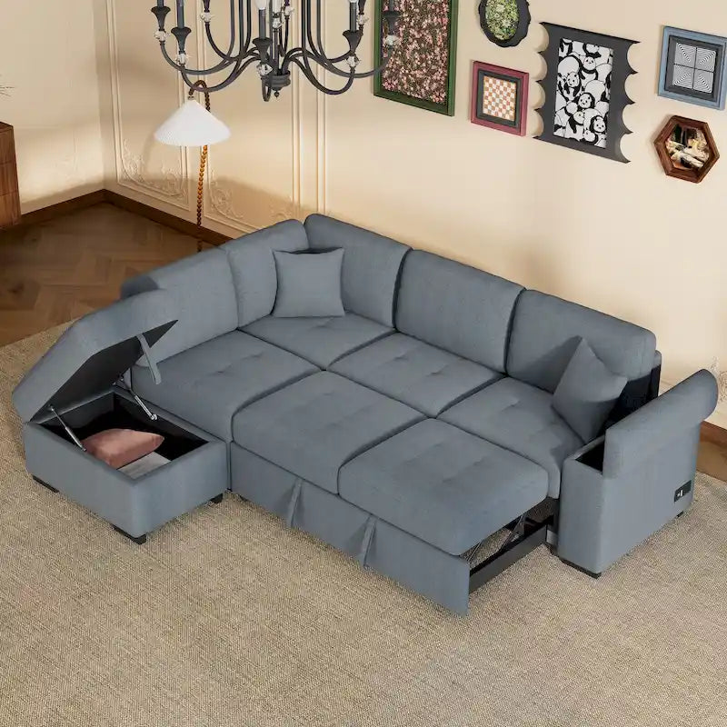Canapé d'angle 5 places en L avec lit gigogne, pouf de rangement, rangement de bras dissimulé et chargement USB
