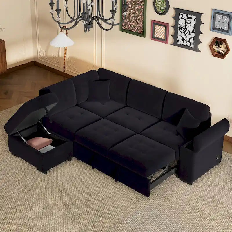Canapé d'angle 5 places en L avec lit gigogne, pouf de rangement, rangement de bras dissimulé et chargement USB