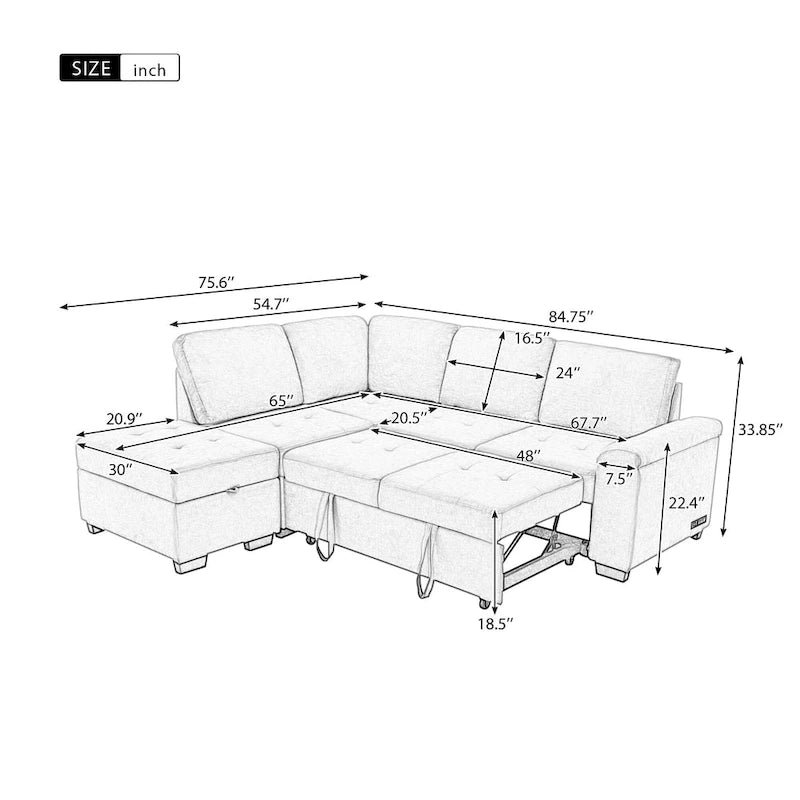 Canapé d'angle 5 places en L avec lit gigogne, pouf de rangement, rangement de bras dissimulé et chargement USB