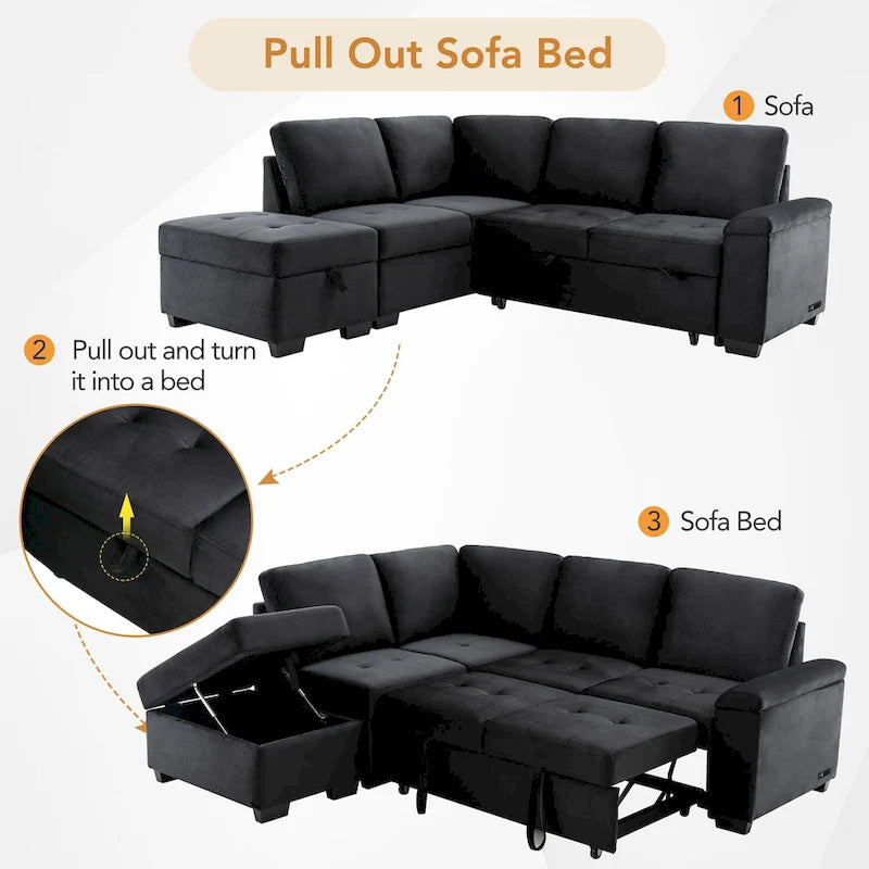 Canapé d'angle 5 places en L avec lit gigogne, pouf de rangement, rangement de bras dissimulé et chargement USB