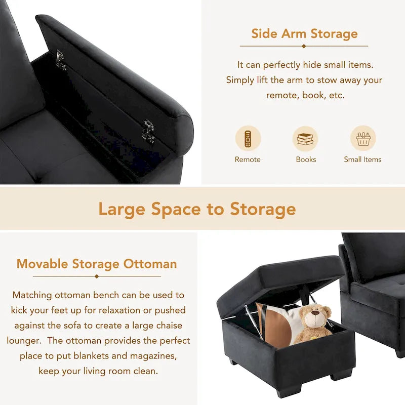 Canapé d'angle 5 places en L avec lit gigogne, pouf de rangement, rangement de bras dissimulé et chargement USB