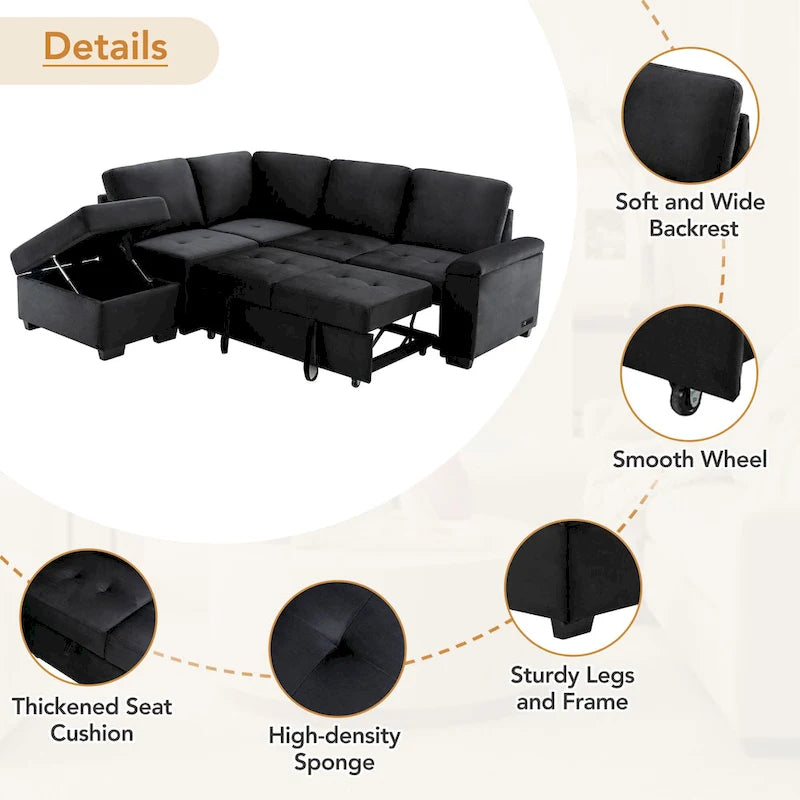 Canapé d'angle 5 places en L avec lit gigogne, pouf de rangement, rangement de bras dissimulé et chargement USB