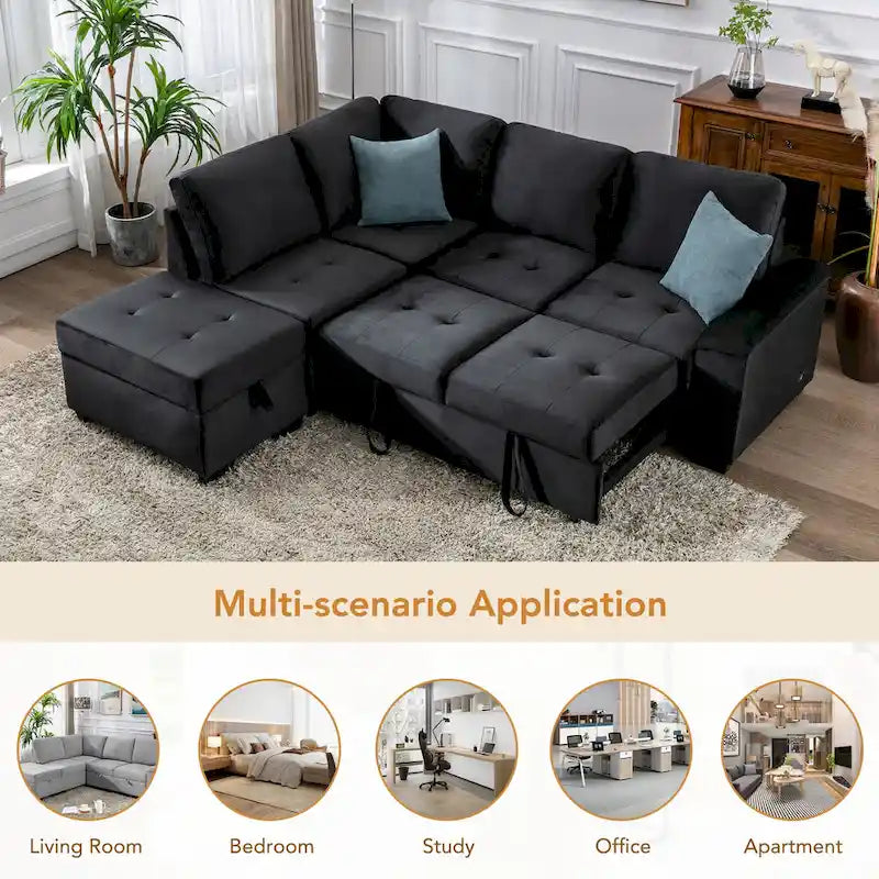 Canapé d'angle 5 places en L avec lit gigogne, pouf de rangement, rangement de bras dissimulé et chargement USB
