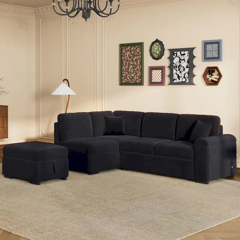 Canapé d'angle 5 places en L avec lit gigogne, pouf de rangement, rangement de bras dissimulé et chargement USB
