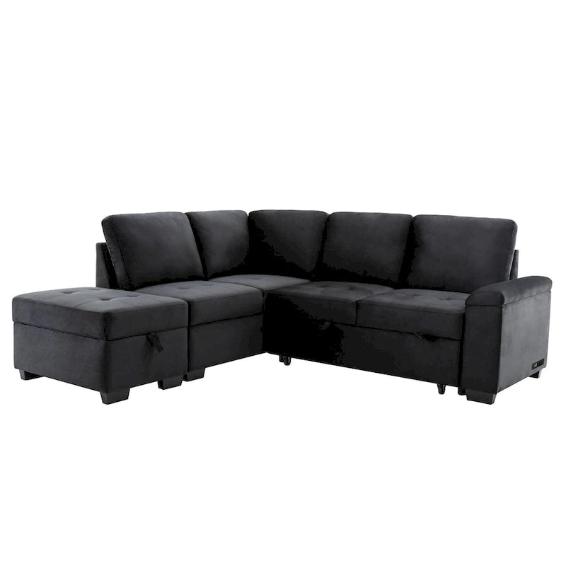 Canapé d'angle 5 places en L avec lit gigogne, pouf de rangement, rangement de bras dissimulé et chargement USB