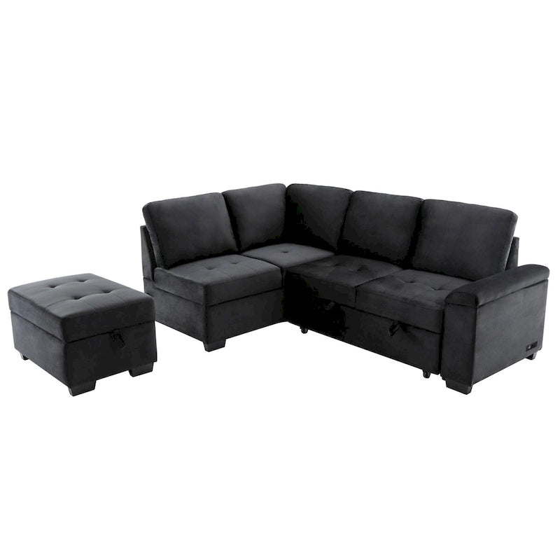 Canapé d'angle 5 places en L avec lit gigogne, pouf de rangement, rangement de bras dissimulé et chargement USB