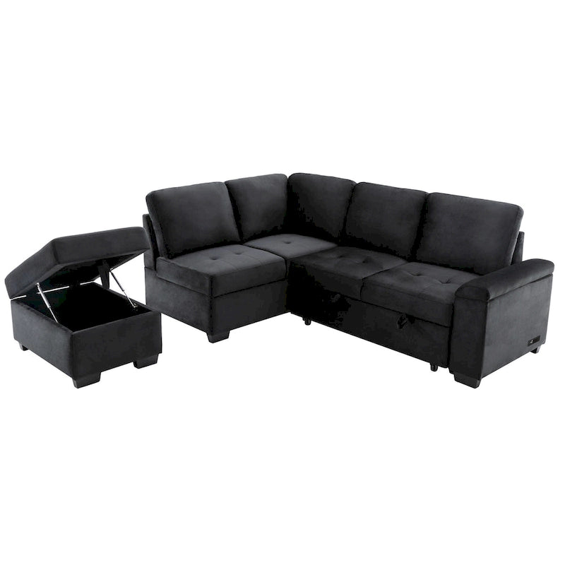 Canapé d'angle 5 places en L avec lit gigogne, pouf de rangement, rangement de bras dissimulé et chargement USB