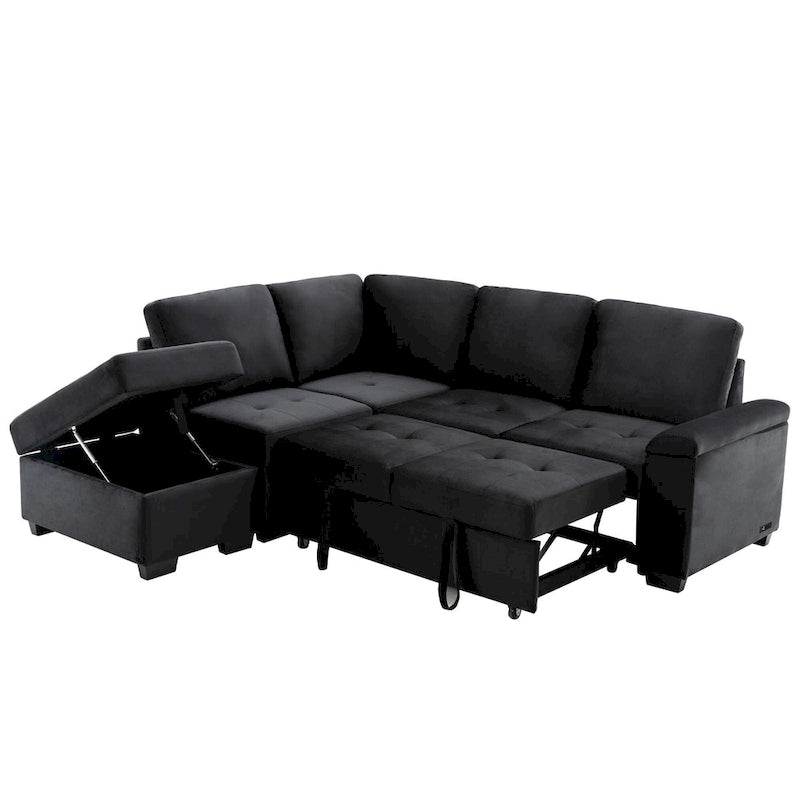 Canapé d'angle 5 places en L avec lit gigogne, pouf de rangement, rangement de bras dissimulé et chargement USB