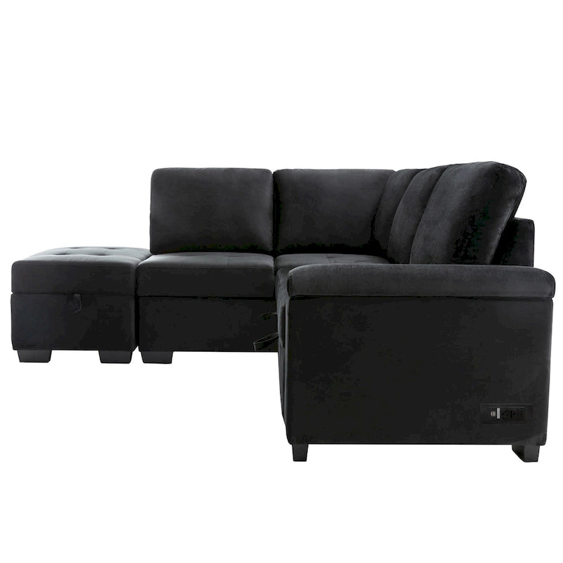 Canapé d'angle 5 places en L avec lit gigogne, pouf de rangement, rangement de bras dissimulé et chargement USB