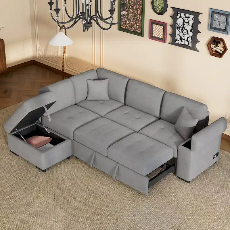 Canapé d'angle 5 places en L avec lit gigogne, pouf de rangement, rangement de bras dissimulé et chargement USB