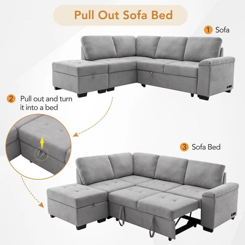 Canapé d'angle 5 places en L avec lit gigogne, pouf de rangement, rangement de bras dissimulé et chargement USB