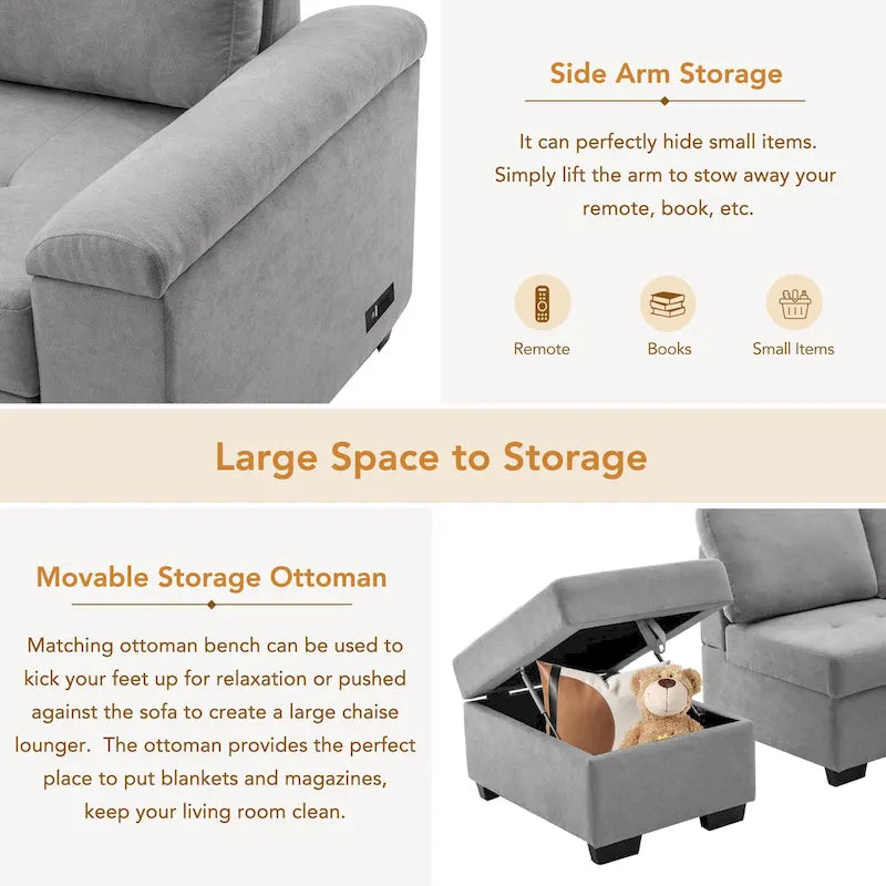 Canapé d'angle 5 places en L avec lit gigogne, pouf de rangement, rangement de bras dissimulé et chargement USB