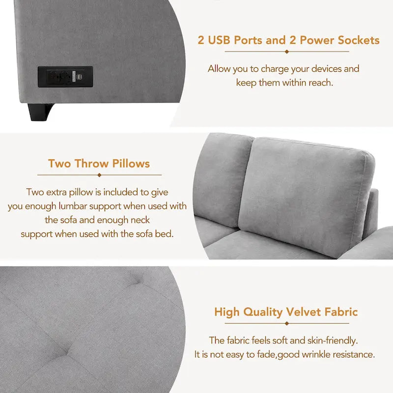 Canapé d'angle 5 places en L avec lit gigogne, pouf de rangement, rangement de bras dissimulé et chargement USB