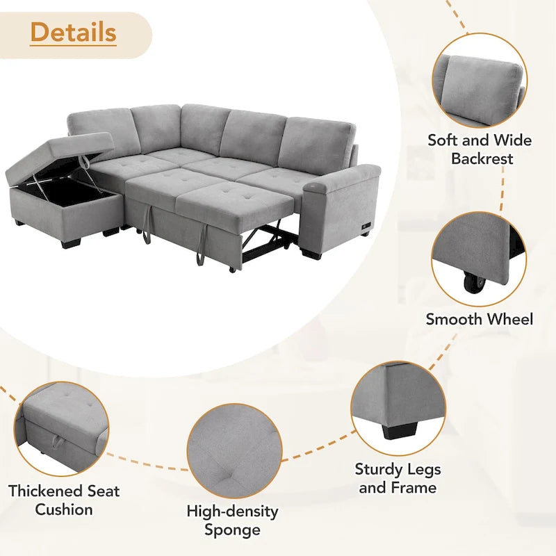 Canapé d'angle 5 places en L avec lit gigogne, pouf de rangement, rangement de bras dissimulé et chargement USB