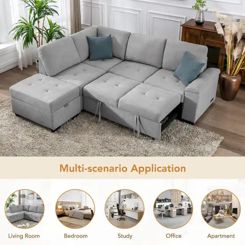 Canapé d'angle 5 places en L avec lit gigogne, pouf de rangement, rangement de bras dissimulé et chargement USB