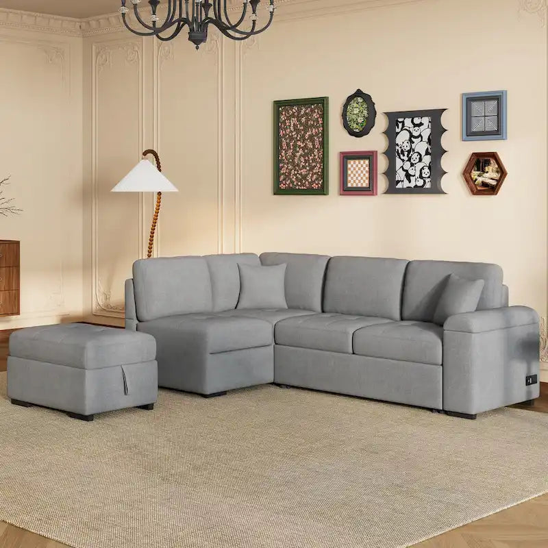Canapé d'angle 5 places en L avec lit gigogne, pouf de rangement, rangement de bras dissimulé et chargement USB