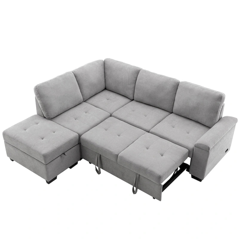 Canapé d'angle 5 places en L avec lit gigogne, pouf de rangement, rangement de bras dissimulé et chargement USB