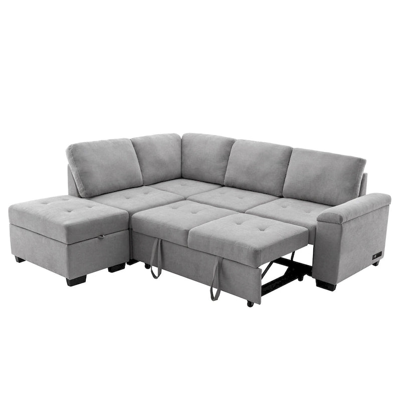 Canapé d'angle 5 places en L avec lit gigogne, pouf de rangement, rangement de bras dissimulé et chargement USB