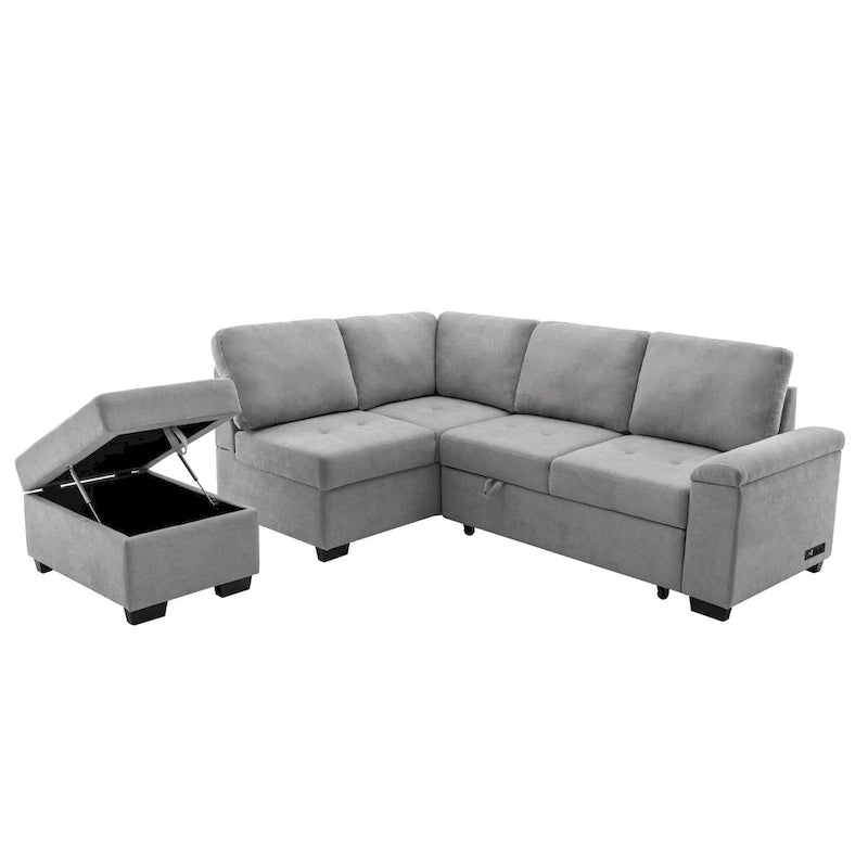 Canapé d'angle 5 places en L avec lit gigogne, pouf de rangement, rangement de bras dissimulé et chargement USB