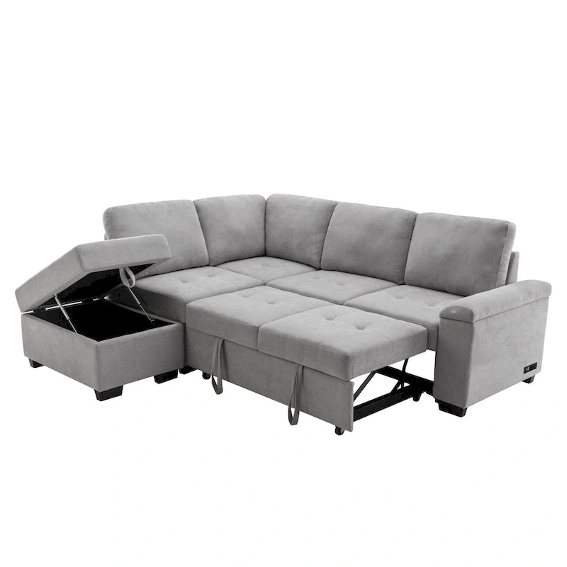Canapé d'angle 5 places en L avec lit gigogne, pouf de rangement, rangement de bras dissimulé et chargement USB