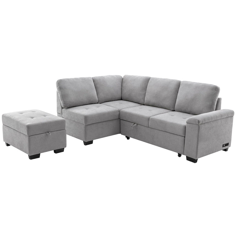 Canapé d'angle 5 places en L avec lit gigogne, pouf de rangement, rangement de bras dissimulé et chargement USB