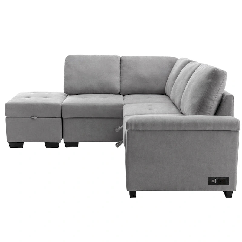 Canapé d'angle 5 places en L avec lit gigogne, pouf de rangement, rangement de bras dissimulé et chargement USB