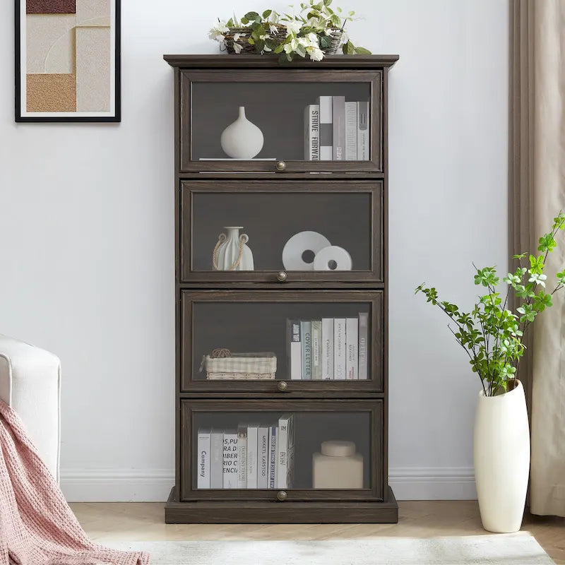 63.19  4-Tier Glass Display Cabinet with Flip-Up Doors & 150lb Capacity,Space-Saving Curio Showcase for Collectibles