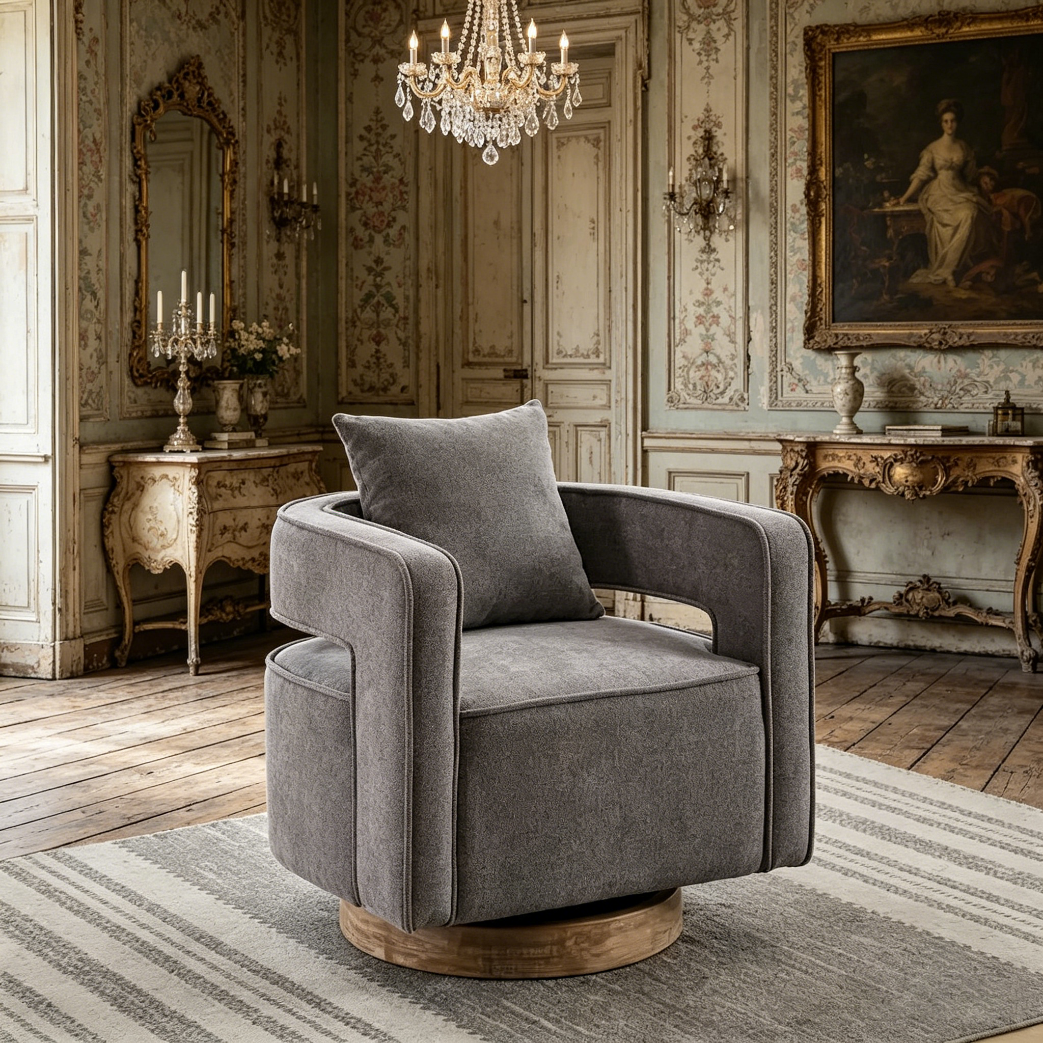 Fauteuil pivotant avec piètement en bois vieilli