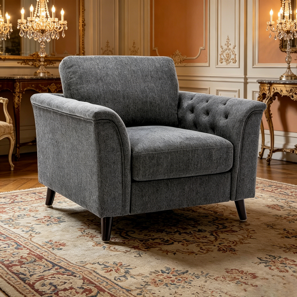 Fauteuil d'appoint 37 pouces, accoudoirs capitonnés, rembourré, lin gris, bois massif