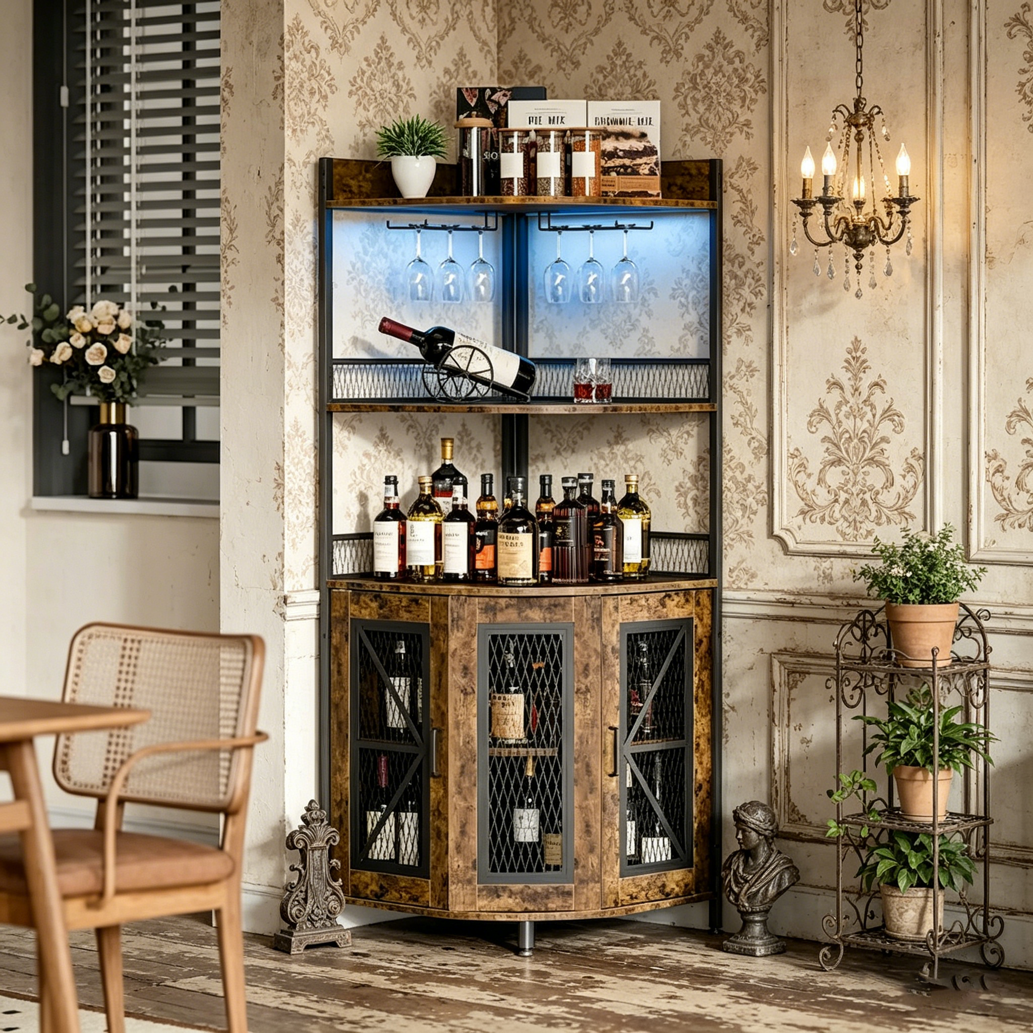 Meuble d'angle à vin à 5 niveaux avec lumière LED et porte-verres