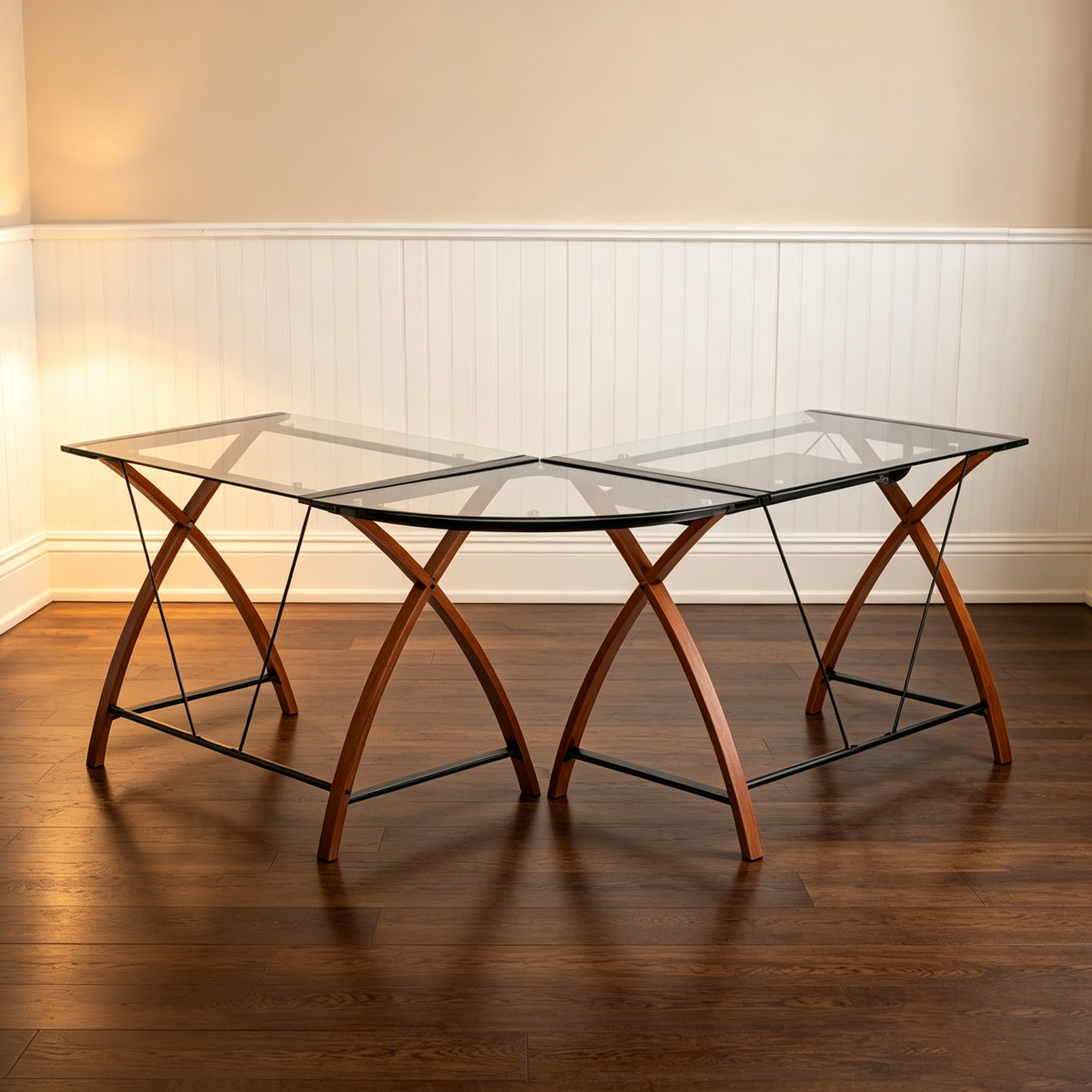 Bureau d'angle en L en verre pour ordinateur avec plateau de clavier coulissant