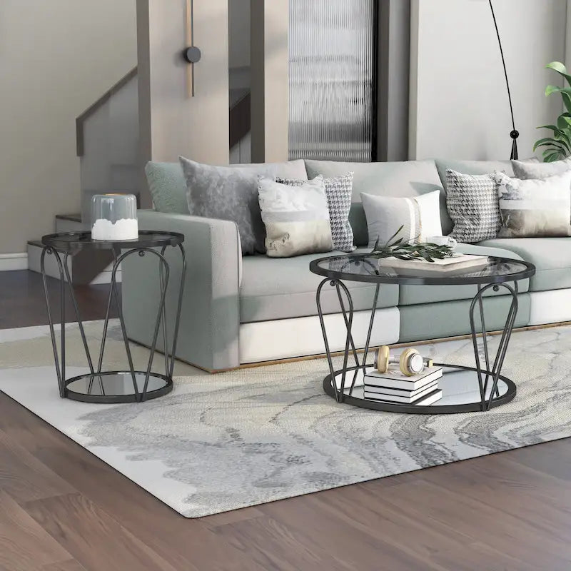Ensemble de deux tables basses à plateau en verre avec étagères