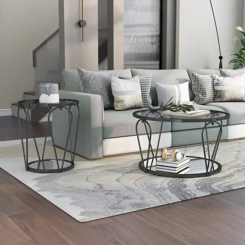 Ensemble de deux tables basses à plateau en verre avec étagères