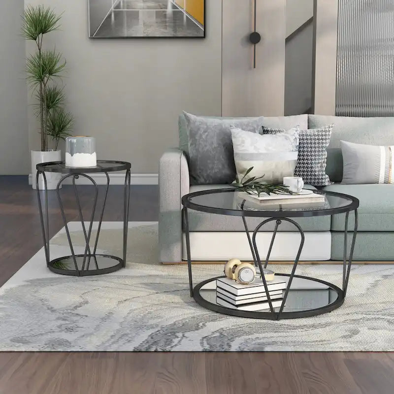 Ensemble de deux tables basses à plateau en verre avec étagères