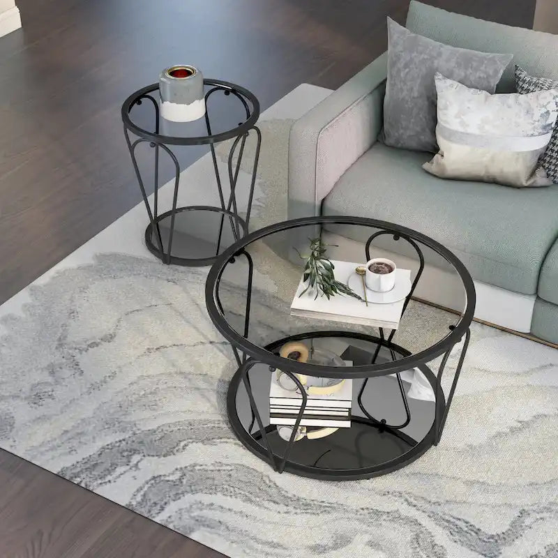Ensemble de deux tables basses à plateau en verre avec étagères