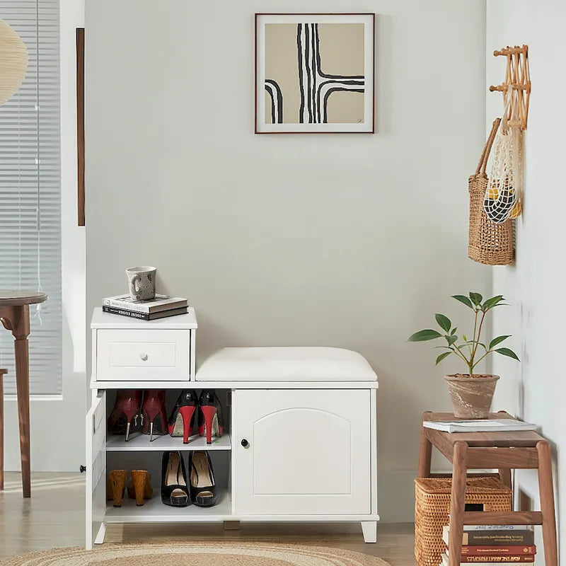 Banc de rangement à chaussures en bois avec tiroir, blanc