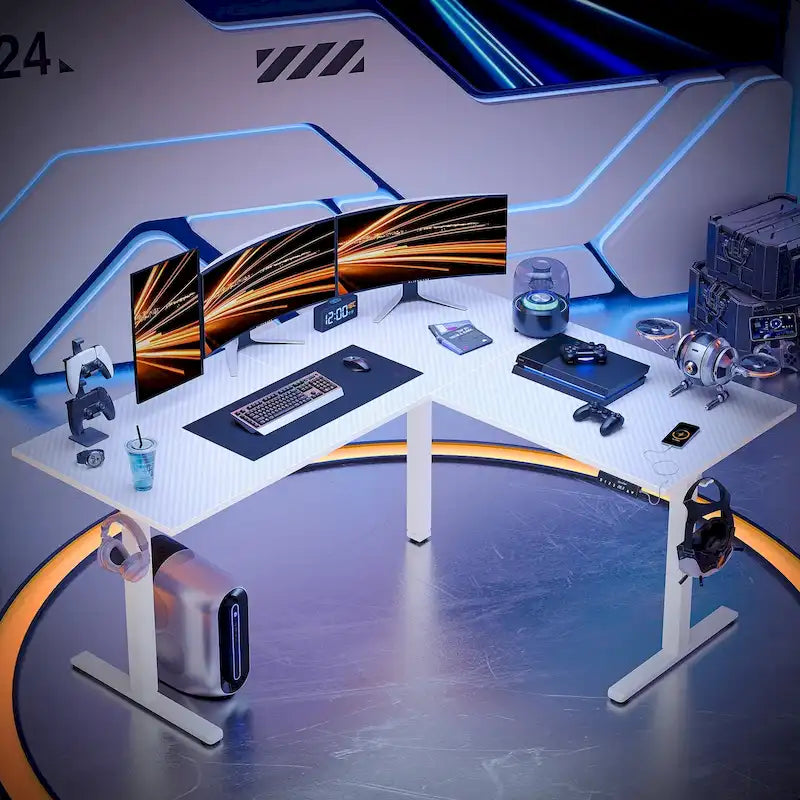 63 Bureau d'angle en forme de L Bureau de jeu LED avec support d'écran ergonomique