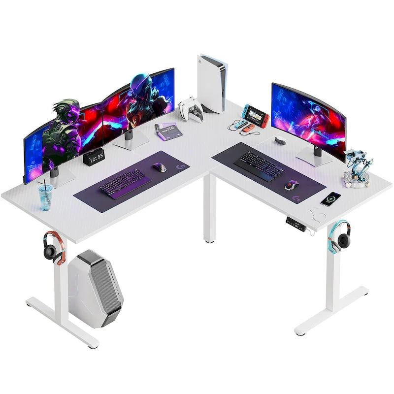 63 Bureau d'angle en forme de L Bureau de jeu LED avec support d'écran ergonomique