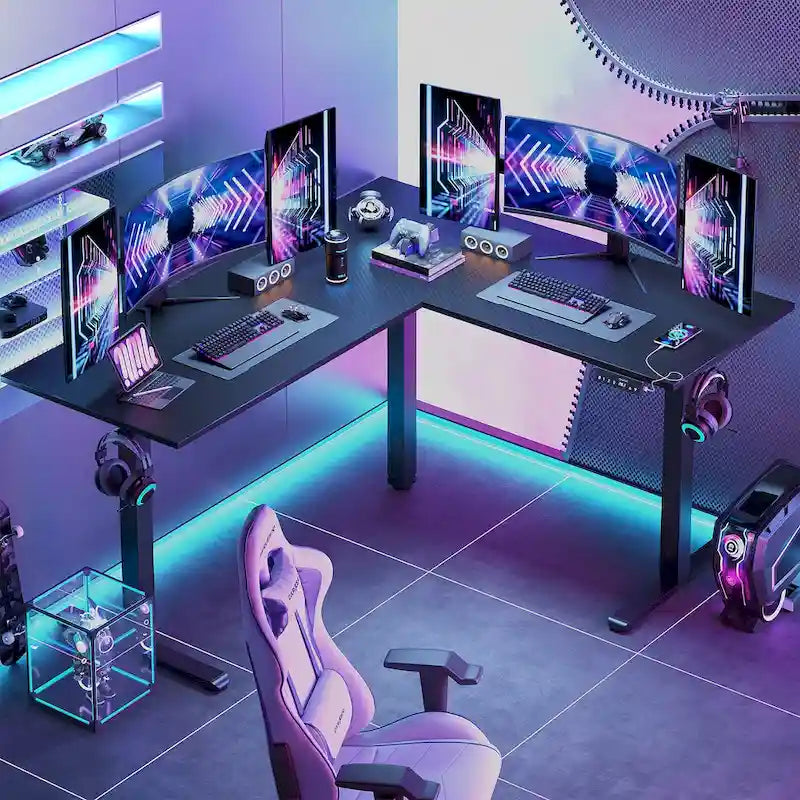 63 Bureau d'angle en forme de L Bureau de jeu LED avec support d'écran ergonomique